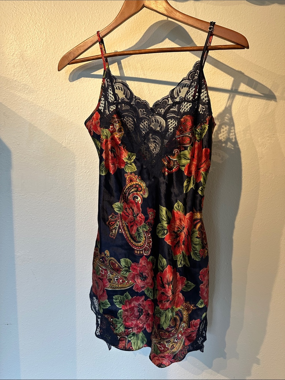VTG Gold Tag Victoria's Secret Black Satin Chemise  Red Floral Print and Lace S
